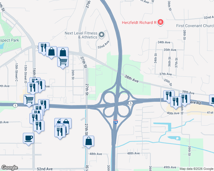 map of restaurants, bars, coffee shops, grocery stores, and more near 3811 31st Street in Moline