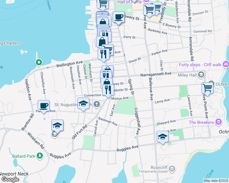 map of restaurants, bars, coffee shops, grocery stores, and more near 9 Webster Street in Newport