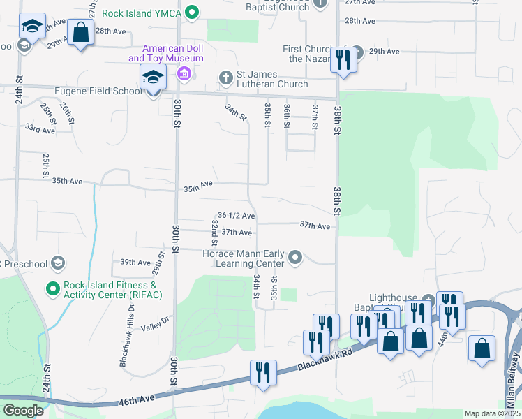 map of restaurants, bars, coffee shops, grocery stores, and more near 3619 1/2 34th Street in Rock Island