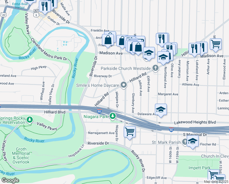 map of restaurants, bars, coffee shops, grocery stores, and more near 17503 Hilliard Road in Lakewood