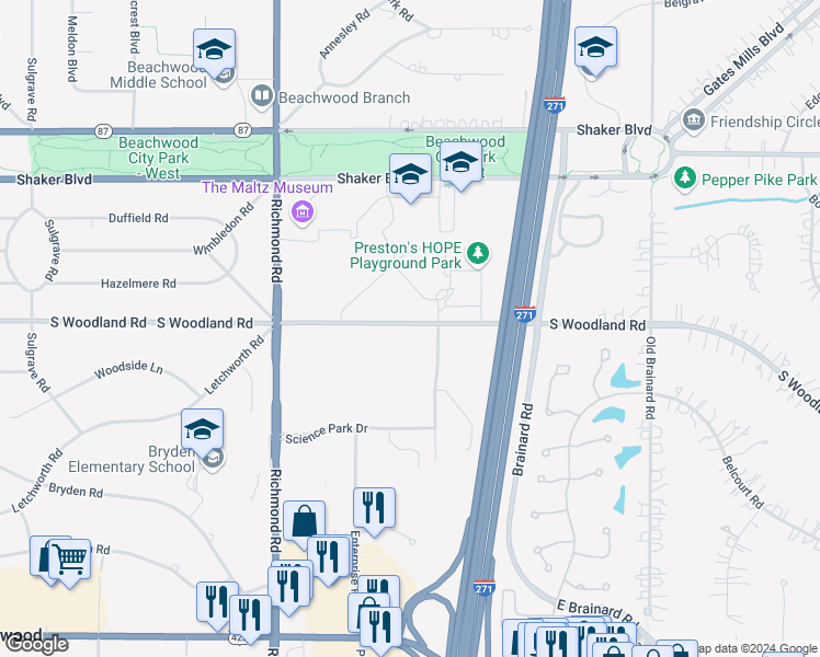 map of restaurants, bars, coffee shops, grocery stores, and more near 3050 Science Park Drive in Beachwood