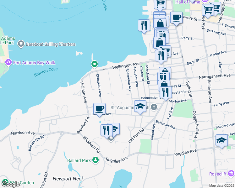 map of restaurants, bars, coffee shops, grocery stores, and more near 27 Harbor View Drive in Newport