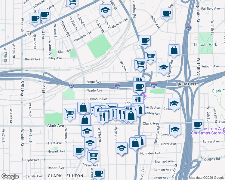 map of restaurants, bars, coffee shops, grocery stores, and more near 3111 Wade Avenue in Cleveland