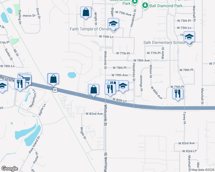 map of restaurants, bars, coffee shops, grocery stores, and more near 7933 Whitcomb Street in Merrillville