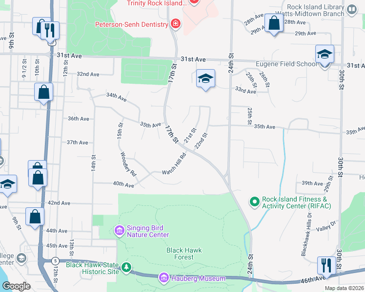 map of restaurants, bars, coffee shops, grocery stores, and more near 3600 17th Street in Rock Island