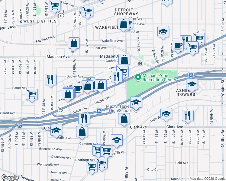 map of restaurants, bars, coffee shops, grocery stores, and more near 2126 West 67th Street in Cleveland
