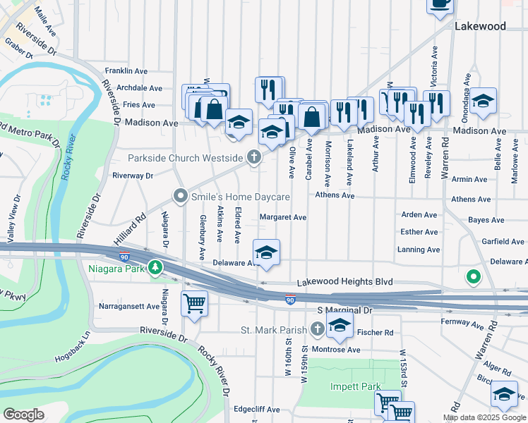map of restaurants, bars, coffee shops, grocery stores, and more near 2189 Woodward Avenue in Lakewood