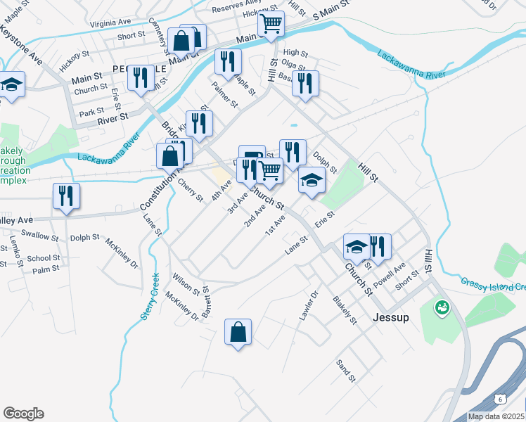 map of restaurants, bars, coffee shops, grocery stores, and more near 407 2nd Avenue in Jessup