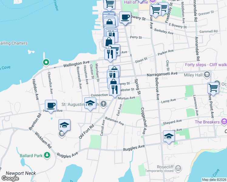 map of restaurants, bars, coffee shops, grocery stores, and more near 6 Lucas Avenue in Newport