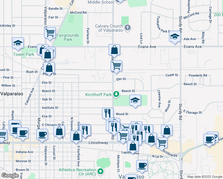 map of restaurants, bars, coffee shops, grocery stores, and more near 1015 Beech Street in Valparaiso