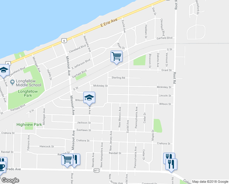 map of restaurants, bars, coffee shops, grocery stores, and more near 2847 Lincoln Street in Lorain