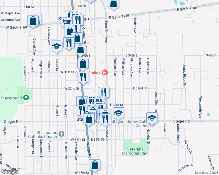 map of restaurants, bars, coffee shops, grocery stores, and more near 3147 Union Avenue in Steger
