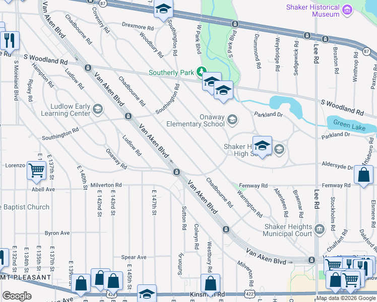 map of restaurants, bars, coffee shops, grocery stores, and more near 3169 Chadbourne Road in Shaker Heights
