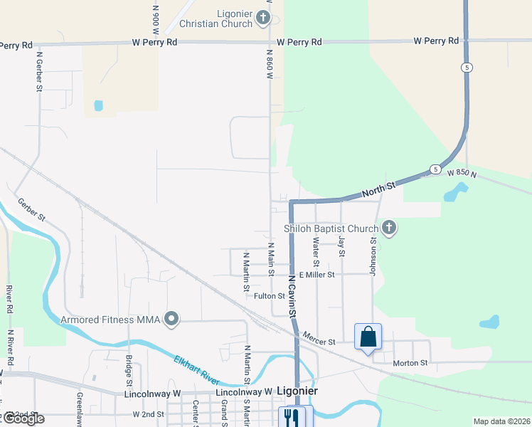 map of restaurants, bars, coffee shops, grocery stores, and more near 802 North Main Street in Ligonier