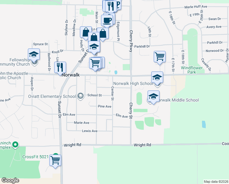 map of restaurants, bars, coffee shops, grocery stores, and more near 610 Center Street in Norwalk