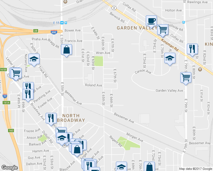 map of restaurants, bars, coffee shops, grocery stores, and more near 3121 East 65th Street in Cleveland