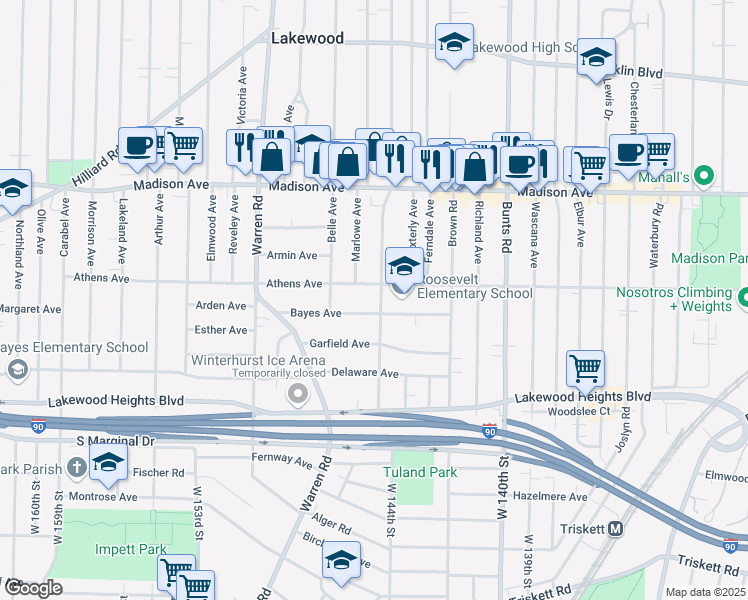 map of restaurants, bars, coffee shops, grocery stores, and more near 2126 Lincoln Avenue in Lakewood