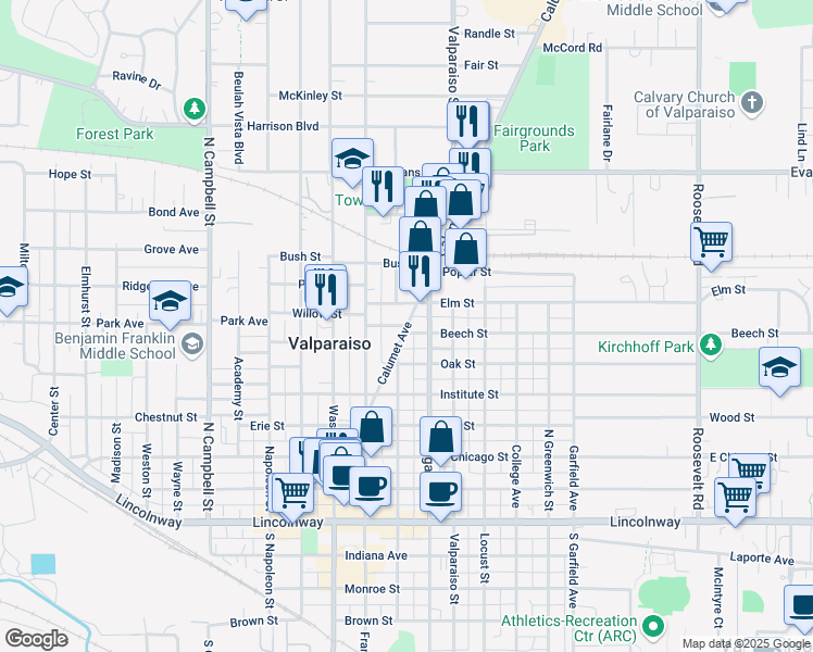 map of restaurants, bars, coffee shops, grocery stores, and more near 250 Hickory St in Valparaiso