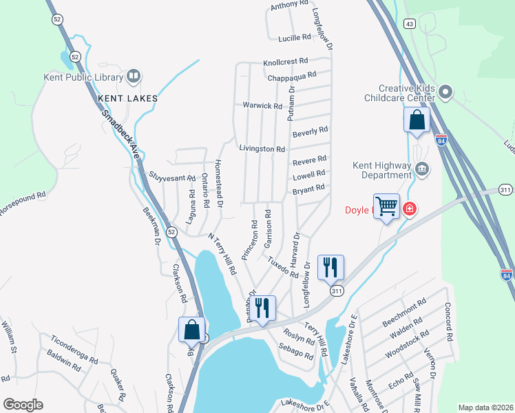 map of restaurants, bars, coffee shops, grocery stores, and more near 37 Oneonta Road in Carmel Hamlet