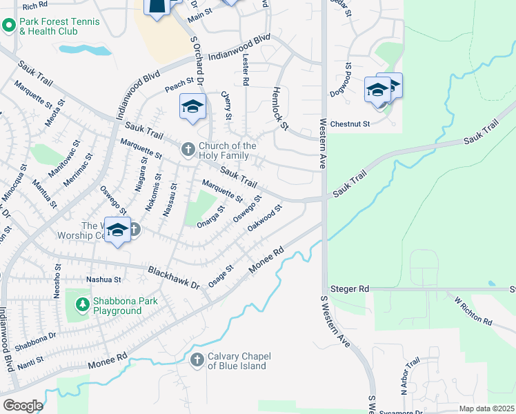 map of restaurants, bars, coffee shops, grocery stores, and more near 307 Oswego Street in Park Forest