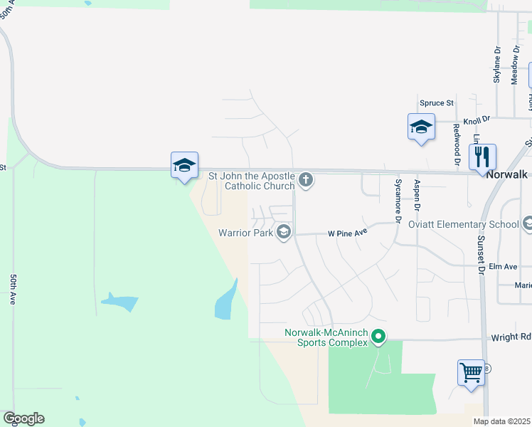 map of restaurants, bars, coffee shops, grocery stores, and more near 601 Orchard Hills Drive in Norwalk