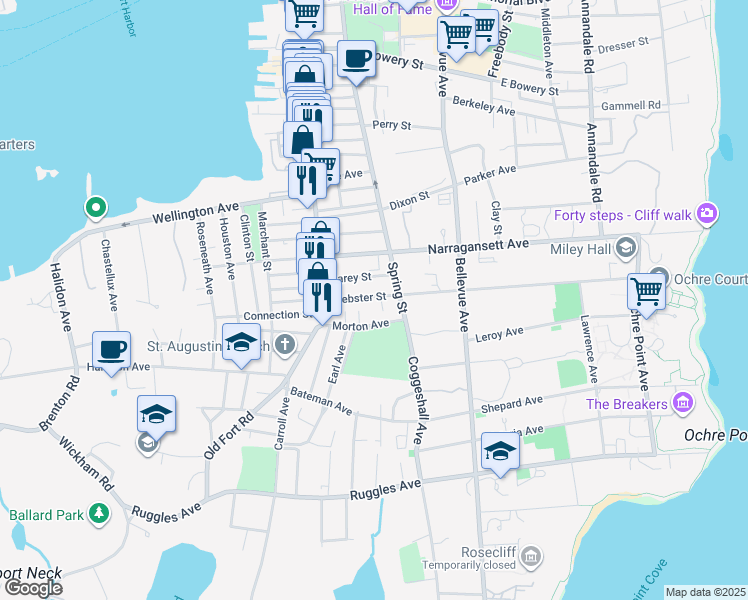 map of restaurants, bars, coffee shops, grocery stores, and more near 43 Webster Street in Newport