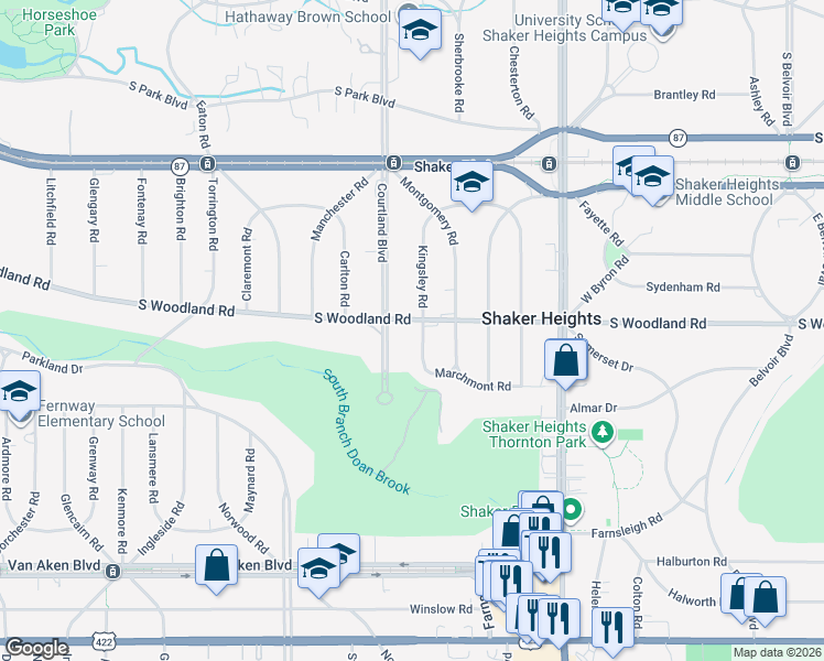 map of restaurants, bars, coffee shops, grocery stores, and more near 19700 South Woodland Road in Shaker Heights