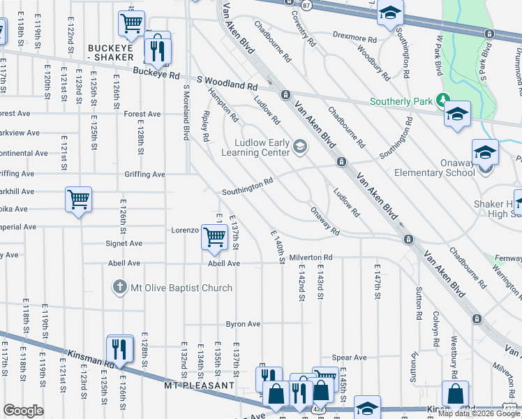 map of restaurants, bars, coffee shops, grocery stores, and more near 3154 Ashwood Road in Cleveland