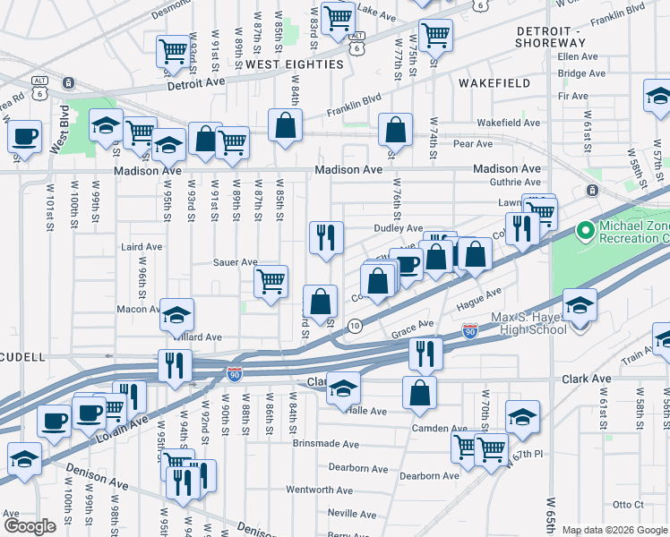 map of restaurants, bars, coffee shops, grocery stores, and more near 2130 West 81st Street in Cleveland