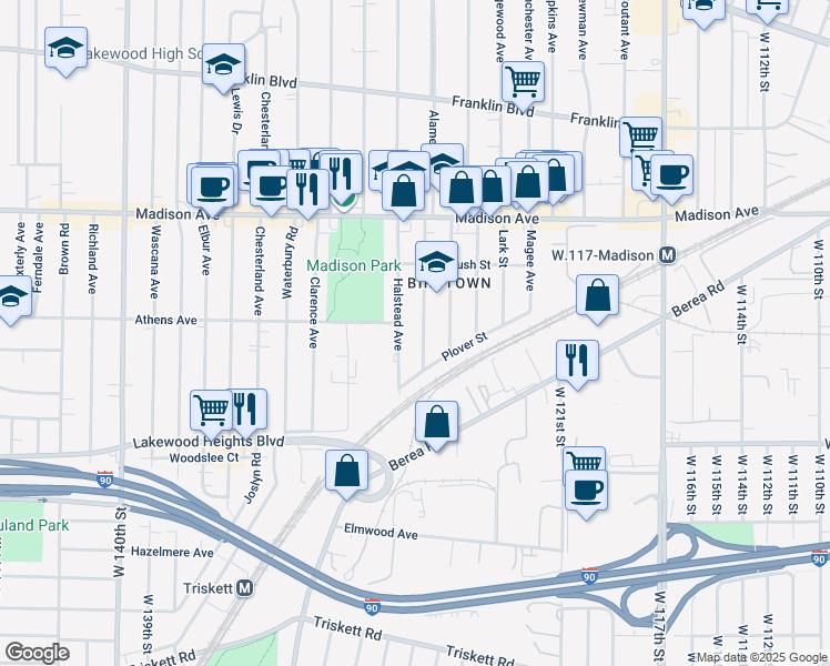 map of restaurants, bars, coffee shops, grocery stores, and more near 2122 Dowd Avenue in Lakewood