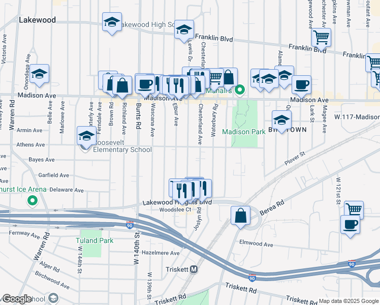 map of restaurants, bars, coffee shops, grocery stores, and more near 2124 Lewis Drive in Lakewood