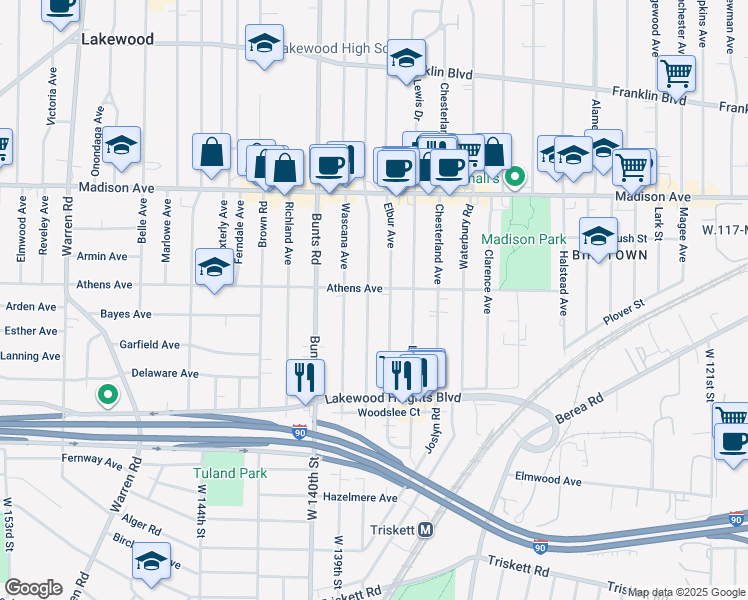 map of restaurants, bars, coffee shops, grocery stores, and more near 2128 Wyandotte Avenue in Lakewood