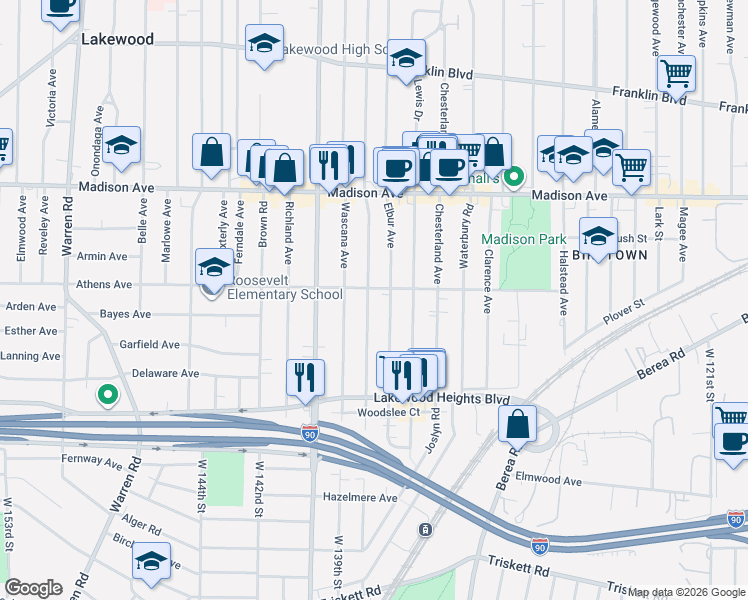 map of restaurants, bars, coffee shops, grocery stores, and more near 2124 Wyandotte Avenue in Lakewood