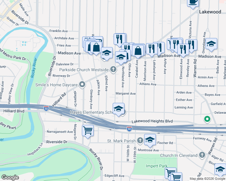 map of restaurants, bars, coffee shops, grocery stores, and more near 2189 Woodward Avenue in Lakewood
