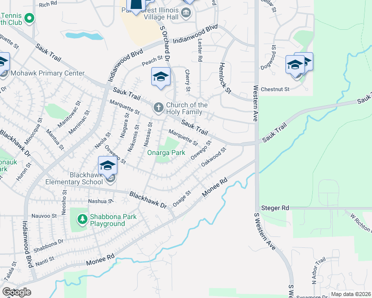 map of restaurants, bars, coffee shops, grocery stores, and more near 328 Onarga Street in Park Forest