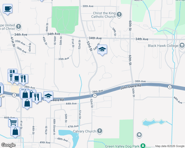 map of restaurants, bars, coffee shops, grocery stores, and more near 5214 37th Avenue Court in Moline