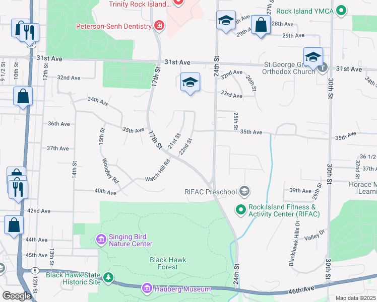 map of restaurants, bars, coffee shops, grocery stores, and more near 3529 22nd Street in Rock Island