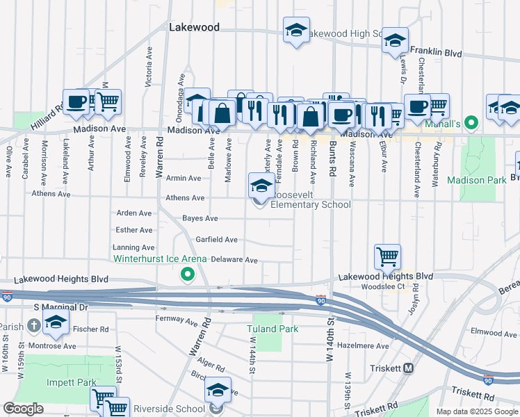 map of restaurants, bars, coffee shops, grocery stores, and more near 14237 Athens Avenue in Lakewood