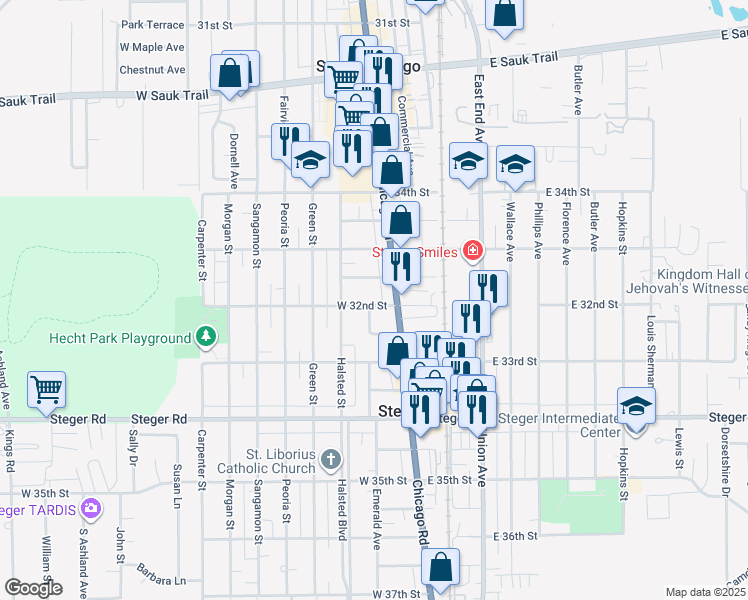 map of restaurants, bars, coffee shops, grocery stores, and more near 17 West 32nd Street in Steger