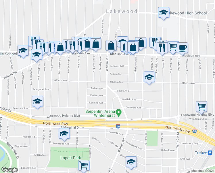 map of restaurants, bars, coffee shops, grocery stores, and more near Warren Rd & Alger Rd in Lakewood