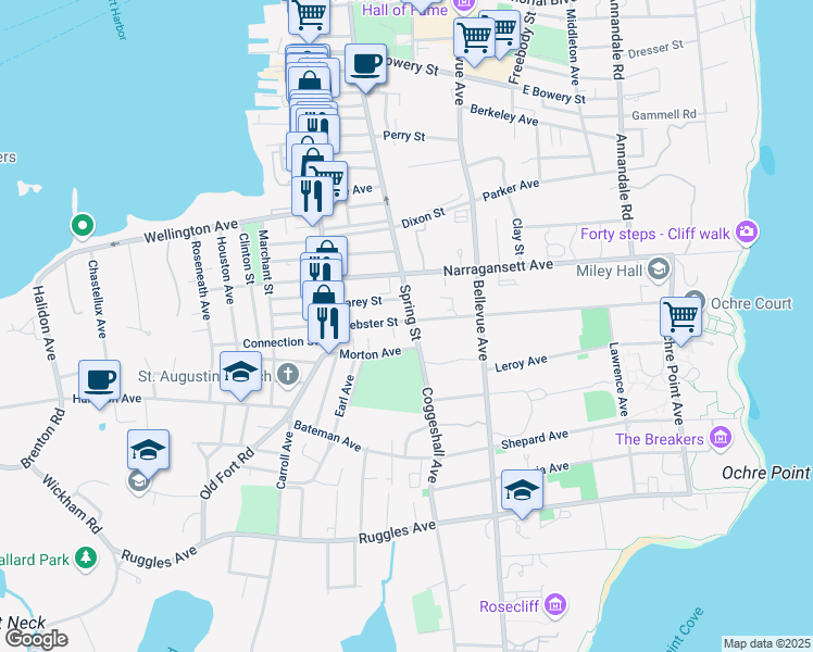 map of restaurants, bars, coffee shops, grocery stores, and more near 569 Spring Street in Newport