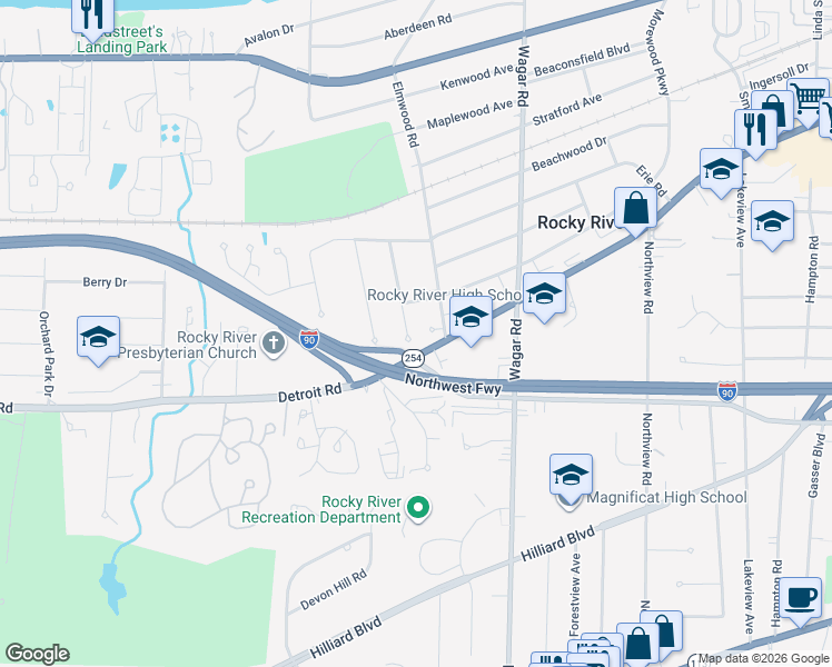 map of restaurants, bars, coffee shops, grocery stores, and more near 1381 Eriewood Drive in Rocky River