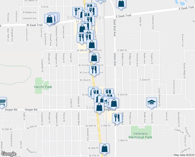 map of restaurants, bars, coffee shops, grocery stores, and more near 15 East 32nd Street in Steger