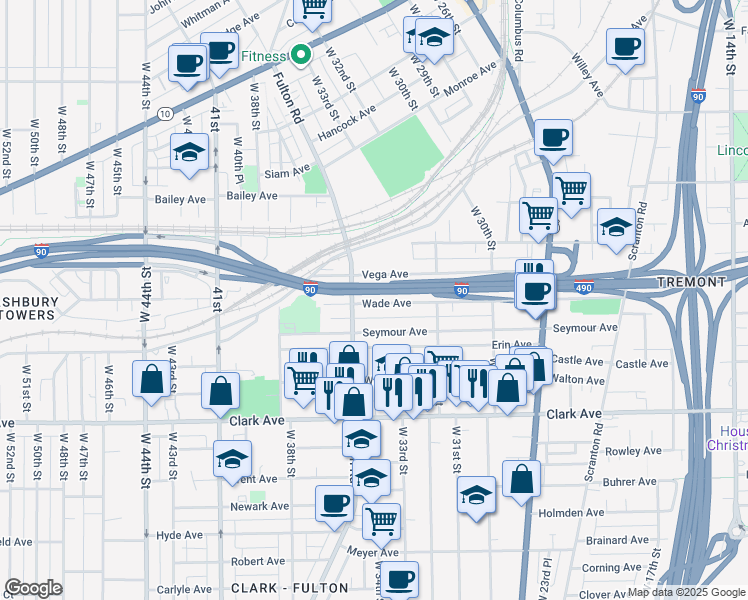 map of restaurants, bars, coffee shops, grocery stores, and more near 3420 Wade Avenue in Cleveland