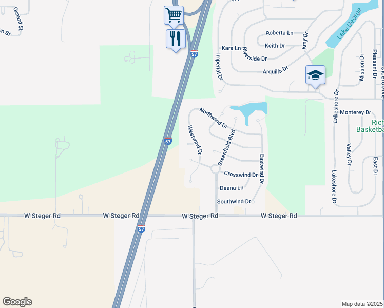 map of restaurants, bars, coffee shops, grocery stores, and more near 5322 Crosswind Drive in Richton Park