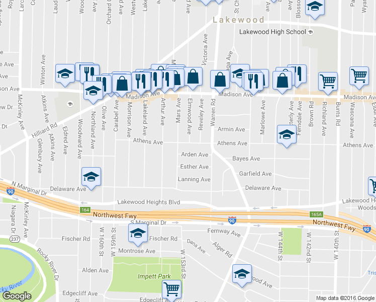 map of restaurants, bars, coffee shops, grocery stores, and more near 15122 Arden Avenue in Lakewood