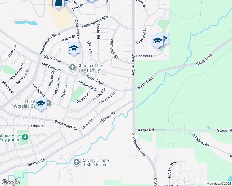 map of restaurants, bars, coffee shops, grocery stores, and more near 301 Oakwood Street in Park Forest