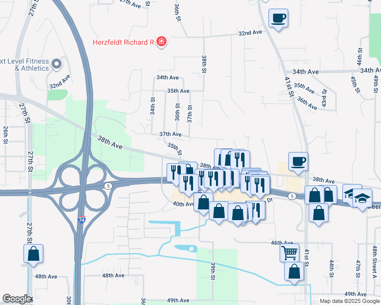 map of restaurants, bars, coffee shops, grocery stores, and more near 3737 38th Avenue in Moline