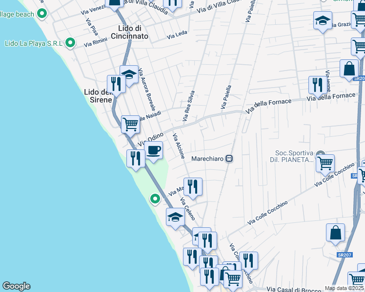 map of restaurants, bars, coffee shops, grocery stores, and more near 66 Via Alcione in Anzio