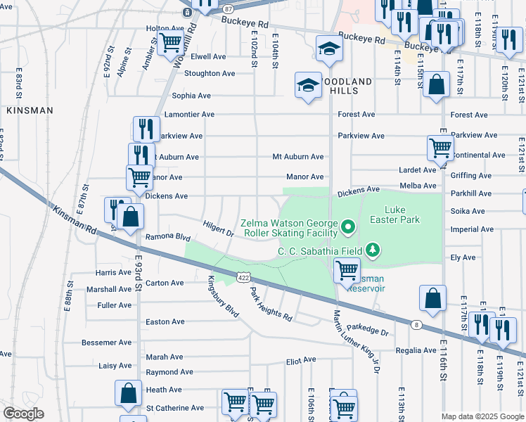map of restaurants, bars, coffee shops, grocery stores, and more near 3130 Audubon Boulevard in Cleveland